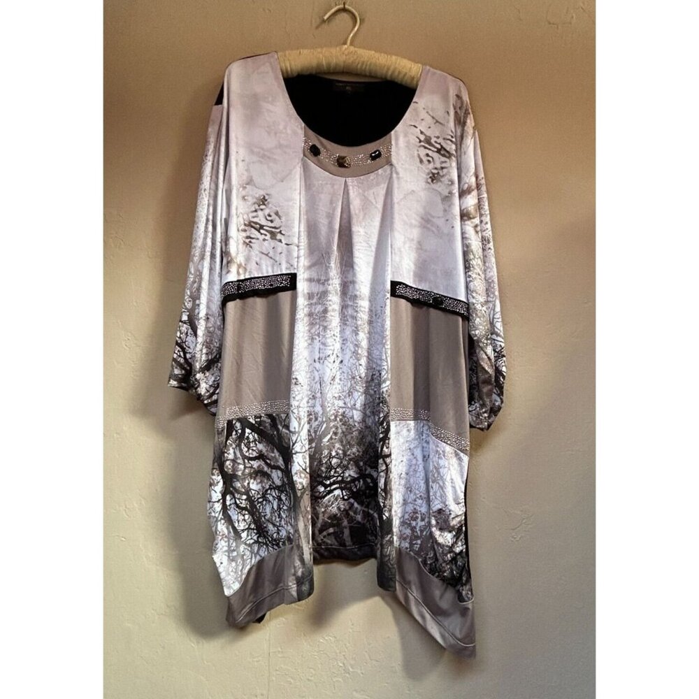 Love The Queen Adorned Longline Tunic Top Plus Size 1X Abstract Print Lagenlook